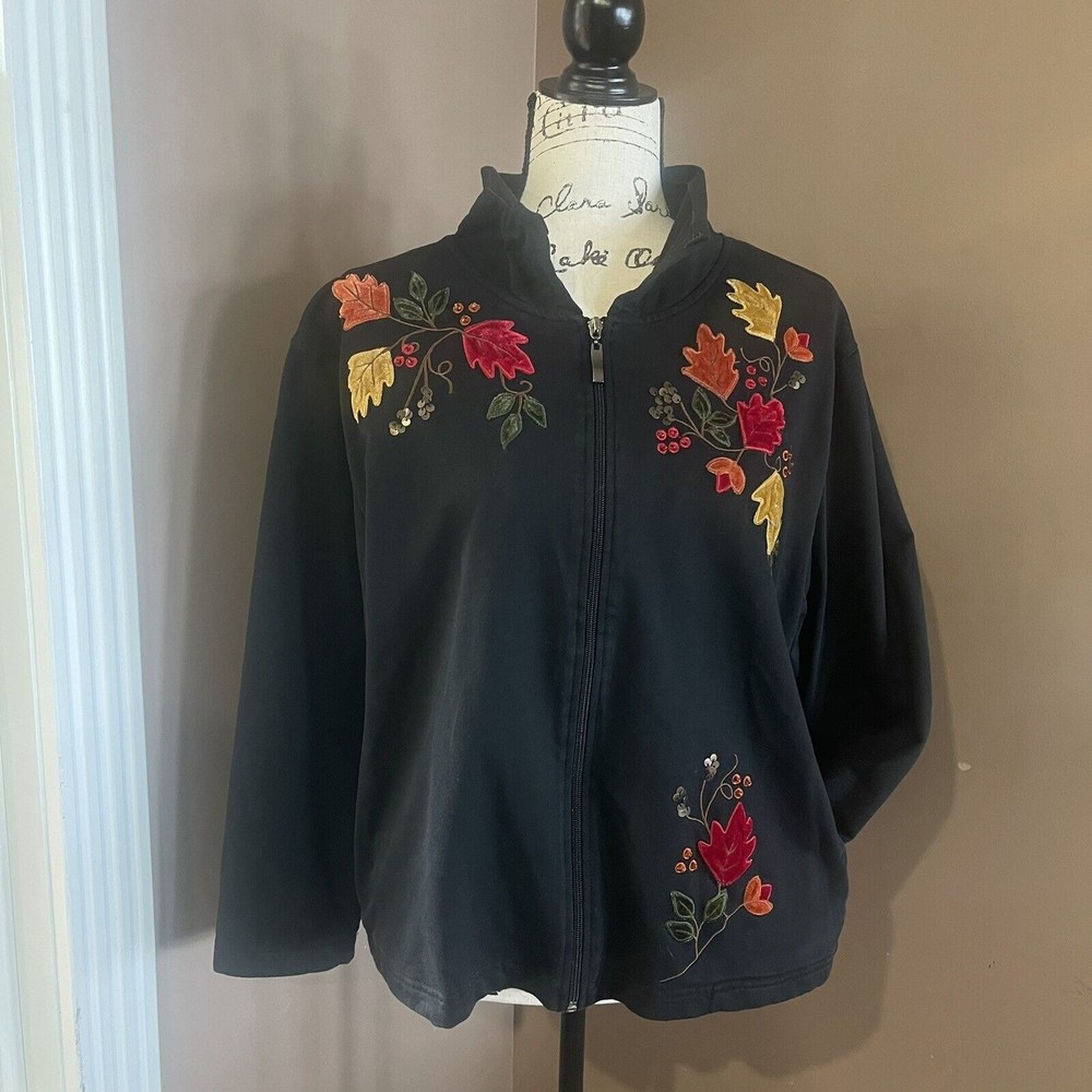 Mandal Bay Zip Up Fall Velvet Leaves Leaves Black Jacket/Cardigan  Large Cotton